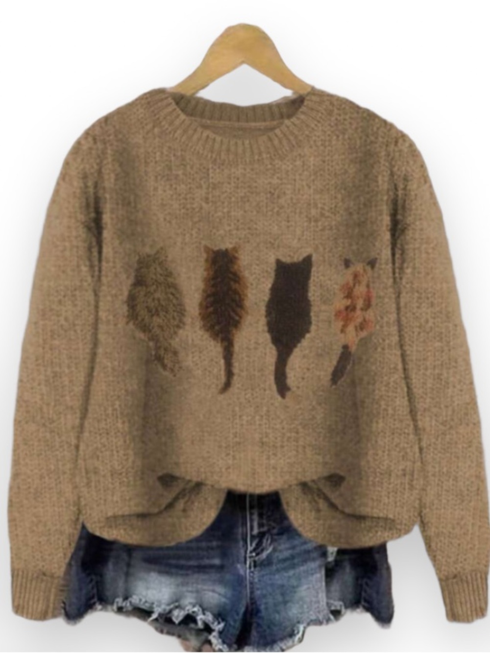 Cozy Brown Knit Sweater with Cat Tail Motif